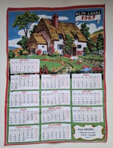 Torchon calendrier 1967 avec publicité ALFA-LAVAL - André GRIMEE Machines Agricoles